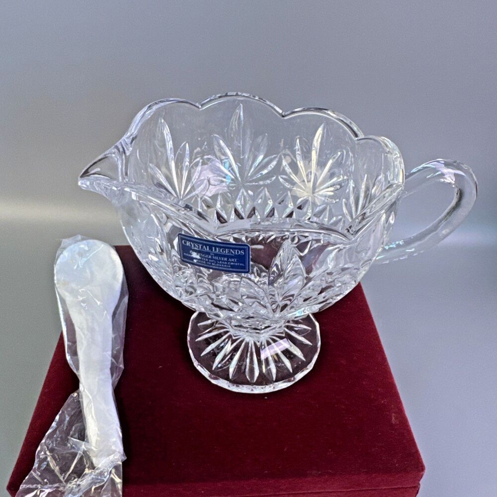 NEW GODINGER Gravy Boat 24% Lead Crystal Footed & Silver Plated Spoon Boxed Set